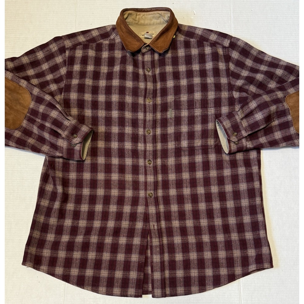 WOOLRICH Griffin - Men's Wool Blend Wine Plaid‎ Elbow Patch Shirt - Size X-Large